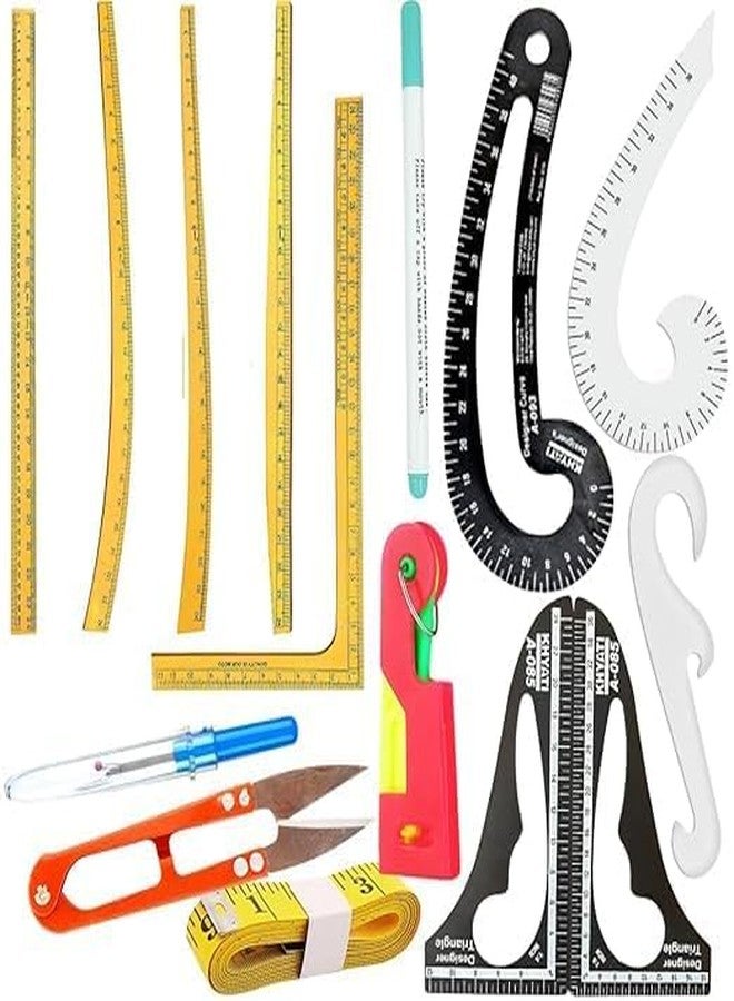JEFFY Wooden French Curve Ruler Set - 15-Piece Dressmaking & Sewing Tools Kit with French Curves, Measuring Tape, Thread Cutter, Marking Pen & More for Pattern Making and Garment Design - Image 1